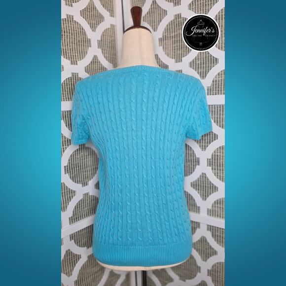 Jeanne Pierre Petite Teal/Turquoise Cable Knit Scoop Neck Cap Sleeve Sweater PL - Picture 5 of 8